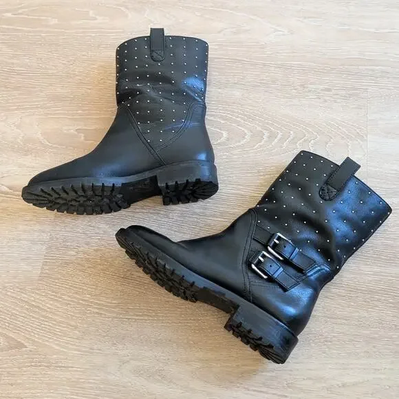 Banana Republic Black Leather Studded Biker Moto Boots Shoes, size 7.5M - Picture 2 of 6